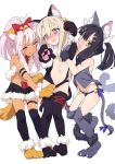  3girls :q @_@ animal_ear_fluff animal_ears bangs bare_shoulders bell black_hair black_legwear blonde_hair blush bow chloe_von_einzbern coupon_(skyth) dark_skin eyebrows_visible_through_hair fake_animal_ears fate/kaleid_liner_prisma_illya fate_(series) full_body fur_trim girl_sandwich gloves grey_legwear hair_bell hair_between_eyes hair_bow hair_ornament hairband highres illyasviel_von_einzbern jingle_bell long_hair miyu_edelfelt multiple_girls navel nose_blush one_side_up open_mouth paw_boots paw_gloves paws pink_hair ponytail red_bow red_eyes ribbon sandwiched simple_background smile tail tail_ribbon thighhighs tongue tongue_out white_background yellow_eyes yuri 