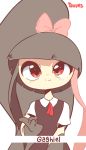  1girl animated artist_name bangs black_gloves blunt_bangs bow brown_hair collared_shirt diives english_text gaghiel_(diives) gloves hair_bow long_hair looking_at_viewer mawile personification pink_bow pokemon ponytail red_eyes red_neckwear shirt short_hair sign_language simple_background solo upper_body white_background 