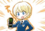  1girl @_@ bangs black_neckwear blonde_hair blue_eyes blue_sweater blush braid can collared_shirt commentary darjeeling dress_shirt emblem emphasis_lines energy_drink girls_und_panzer hand_on_hip holding holding_can inumoto long_sleeves looking_at_viewer monster_energy necktie open_mouth orange_outline ringed_eyes saliva school_uniform shirt short_hair smile soda_can solo st._gloriana&#039;s_school_uniform standing sweater swept_bangs tied_hair translated upper_body v-neck v-shaped_eyebrows white_shirt wing_collar 