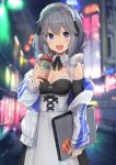  1girl :d apron backlighting bangs bare_shoulders black_dress black_neckwear black_ribbon blue_eyes blue_jacket blurry blurry_background blush breasts city cleavage computer cowboy_shot cup depth_of_field detached_collar disposable_cup dress eyebrows_visible_through_hair frills highres holding holding_cup isegawa_yasutaka jacket laptop maid maid_headdress medium_breasts neck_ribbon off_shoulder open_clothes open_jacket open_mouth original outdoors ribbon round_teeth short_hair silver_hair smile solo teeth track_jacket upper_teeth white_apron 