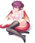  1girl between_legs black_legwear blush bra breasts cleavage collarbone dragon_horns dragon_tail dragon_wings granblue_fantasy grea_(shingeki_no_bahamut) highres horns large_breasts lying manaria_friends on_side open_clothes open_shirt panties pink_bra pink_panties pointy_ears purple_eyes purple_hair shingeki_no_bahamut shirt short_hair simple_background solo tail tail_between_legs thighhighs underwear wavy_mouth white_background white_shirt wings yokuu 