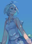  1girl antenna_hair bare_shoulders blue_background blue_eyes breasts closed_mouth dennou_shoujo_youtuber_shiro gradient gradient_background hair_between_eyes highres jikan_hakushaku looking_away medium_breasts purple_skirt shiro_(dennou_shoujo_youtuber_shiro) shirt short_hair silver_hair skirt sleeveless sleeveless_shirt solo virtual_youtuber white_shirt 