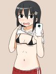  1girl aiu1 arms_up bangs black_bikini_top black_eyes blush breasts commentary_request flower gym_shorts hair_between_eyes hair_flower hair_ornament hairclip hands_up holding holding_phone lifted_by_self light_brown_background looking_at_viewer navel nervous_smile open_mouth original panties panty_peek phone pink_panties red_shorts shiny shirt_lift short_sleeves shorts simple_background small_breasts solo sweatdrop underwear 