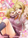  1girl ;d ahoge akamatsu_kaede arm_up bangs blonde_hair brown_neckwear character_doll collared_shirt danganronpa eyebrows_visible_through_hair flower grey_legwear happy_birthday kneehighs long_hair long_sleeves looking_at_viewer miniskirt musical_note musical_note_hair_ornament musical_note_print new_danganronpa_v3 one_eye_closed open_mouth outstretched_arms pink_flower print_skirt purple_eyes purple_skirt purple_vest red_flower shirt skirt smile solo swept_bangs vest white_flower white_shirt wing_collar yellow_flower yumaru_(marumarumaru) 