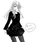  1girl :d bangs black_dress black_legwear blush cowboy_shot dress eyebrows_visible_through_hair fullmetal_alchemist greyscale happy head_tilt long_bangs long_hair long_sleeves looking_away monochrome open_mouth pantyhose ponytail simple_background skirt_grab smile solo translated tsukuda0310 white_background winry_rockbell 