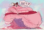  2019 baroness_von_bon_bon belly big_belly big_breasts breasts clothed clothing cuphead_(game) digital_media_(artwork) english_text female food food_creature fuzzywooly huge_breasts morbidly_obese obese overweight solo sweat text video_games 