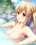  1girl :o bang_dream! bangs blonde_hair breasts commentary_request day ichigaya_arisa iwamoto_sora long_hair looking_at_viewer medium_breasts nude onsen outdoors partially_submerged rock sidelocks solo tree twintails water yellow_eyes 
