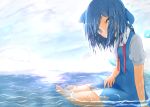  1girl arm_support barefoot blue_dress blue_eyes blue_hair bow breasts cirno cloud cloudy_sky commentary day dress eyes_visible_through_hair hair_bow hair_over_mouth hair_over_one_eye hand_on_lap head_tilt highres horizon in_water looking_at_viewer mizune_(winter) neck_ribbon ocean outdoors pinafore_dress puffy_short_sleeves puffy_sleeves red_neckwear ribbon shirt short_hair short_sleeves sitting sky small_breasts solo thick_eyebrows touhou untied water_drop wet wet_clothes wet_hair white_shirt wings yokozuwari 