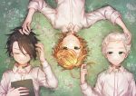  1girl 2boys ahoge black_hair blonde_hair blue_eyes blush book closed_eyes collared_shirt dress_shirt emma_(yakusoku_no_neverland) from_above green_eyes hand_in_another&#039;s_hair highres long_sleeves lying multiple_boys norman_(yakusoku_no_neverland) notsuki_(koma128) number on_back ray_(yakusoku_no_neverland) shirt short_hair silver_hair smile sweatdrop tattoo white_shirt wing_collar yakusoku_no_neverland 