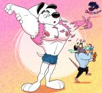  2019 anthro bulge canid canine canis clothed clothing darkmoontoons digital_media_(artwork) domestic_dog dudley_puppy duo hi_res looking_back male male/male mammal murid murine nickelodeon nipples rat rodent simple_background t.u.f.f._puppy verminious_snaptrap wardrobe_malfuction zackdadawg 