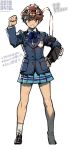  1girl black_gloves blazer blue_jacket blue_skirt brown_eyes brown_hair clenched_hand copyright_name dated emblem fujimoto_hideaki full_body gloves goggles goggles_on_head hand_on_hip jacket mary_janes school_uniform shin_megami_tensei shin_megami_tensei:_if... shoes short_hair simple_background single_glove skirt solo striped striped_skirt uchida_tamaki white_background 