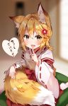  1girl :d animal_ear_fluff animal_ears apron bangs blonde_hair blurry blurry_background blush brown_apron brown_eyes commentary_request depth_of_field eyebrows_visible_through_hair fang finger_to_mouth fingernails flower fox_ears fox_girl fox_tail hair_between_eyes hair_flower hair_ornament hakama heart highres holding holding_tail index_finger_raised japanese_clothes kimono long_sleeves looking_at_viewer miko no_shoes open_mouth red_hakama ribbon-trimmed_sleeves ribbon_trim seiza senko_(sewayaki_kitsune_no_senko-san) sewayaki_kitsune_no_senko-san sitting smile socks soles solo spoken_heart tabi tail translated usagihime white_kimono white_legwear wide_sleeves yellow_eyes 