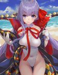  1girl :q absurdres bb_(fate)_(all) bb_(swimsuit_mooncancer)_(fate) beach black_coat bow cloud covered_navel cowboy_shot fate/grand_order fate_(series) furrowed_eyebrows gatling033 gloves hair_bow highres leotard long_hair looking_at_viewer popped_collar purple_eyes purple_hair red_bow sky smile solo standing tentacles thigh_gap tongue tongue_out water white_gloves white_leotard 