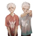  2boys arm_behind_back blood bloody_nose blue_eyes blue_shirt bruise bruise_on_face bruised_eye child closed_mouth commentary_request dante_(devil_may_cry) devil_may_cry devil_may_cry_5 eyebrows_visible_through_hair frown haban_(haban35) hair_slicked_back highres injury multiple_boys red_shirt scratches shirt simple_background standing vergil white_background white_hair wiping wiping_face 