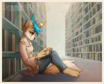  2017 4_fingers 4_toes abluedeer anthro black_nose blue_eyes blue_hair breasts canid canine clothed clothing detailed_background digital_media_(artwork) female fox hair mammal reading sitting smile solo toes 