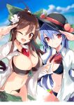  2girls ;d ahoge bangs bikini black_bikini black_headwear black_wings blue_hair blue_sky bow breasts brown_hair cloud commentary_request cowboy_shot day eyebrows_visible_through_hair fang flower food fruit green_bow green_skirt groin hair_between_eyes hair_bow hair_flower hair_ornament hand_up highres hinanawi_tenshi large_breasts leaf long_hair medium_breasts multiple_girls navel neck_ribbon one_eye_closed open_clothes open_mouth open_shirt open_skirt outdoors peach red_eyes red_neckwear red_ribbon reiuji_utsuho ribbon salute shirt sidelocks skin_fang skirt sky smile standing stomach swimsuit tetsurou_(fe+) thighs touhou untied untied_bikini white_flower white_shirt wings 