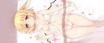  1girl ahoge artist_name babydoll bangs bare_arms bare_shoulders bed_sheet blonde_hair blush breasts collarbone commentary_request cowboy_shot crystal eyebrows_visible_through_hair flandre_scarlet flower groin hair_between_eyes hand_up haruki_(colorful_macaron) highres indoors long_hair looking_at_viewer lying navel no_hat no_headwear on_back one_side_up panties petals pink_flower pink_rose red_eyes rose rose_petals shadow side-tie_panties small_breasts smile solo stomach strap_slip thighs touhou twitter_username underwear underwear_only white_panties wings 