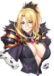  1girl armor blonde_hair breasts christina_morgan cleavage fur_trim gem highres jewelry large_breasts long_hair looking_at_viewer necklace okitakung orange_eyes pauldrons pearl_necklace ponytail princess_connect!_re:dive signature simple_background smile solo upper_body white_background 