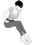  1girl absurdres bangs belt black_hair breasts cleavage collarbone denim earrings english_commentary greyscale highres jeans jewelry large_breasts looking_at_viewer monochrome norman_maggot olive_laurentia one_eye_closed original pants pixie_cut shirt shoes short_hair short_sleeves sitting sneakers solo t-shirt 