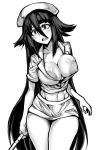  1girl absurdres areola_slip areolae breasts cleavage gggg greyscale hair_between_eyes hat highres large_areolae long_hair monochrome nipples nurse_cap one_breast_out open_mouth simple_background solo teeth very_long_hair white_background yamada_tae zombie_land_saga 