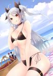  1girl absurdres azur_lane basket beach beach_towel between_legs bikini bird black_bikini bow breasts choker cleavage cloud cloudy_sky cross cross_earrings day earrings eyebrows_visible_through_hair flag_print german_flag_bikini hair_bow hand_between_legs highres iron_cross jewelry large_breasts licking_lips long_hair looking_at_viewer midriff multicolored_hair navel ocean picnic_basket prinz_eugen_(azur_lane) prinz_eugen_(unfading_smile)_(azur_lane) red_eyes red_hair seagull side-tie_bikini silver_hair sitting sky smile soda_bottle solo swimsuit thigh_strap tongue tongue_out towel twintails two-tone_hair zipper_xx 