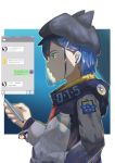  1girl absurdres artist_name bangs blue_flower blue_hair blue_hat cellphone character_name chat_log commentary_request darling_in_the_franxx delphinium_(darling_in_the_franxx) drill earbuds earphones flower from_side frown gorou_(darling_in_the_franxx) gradient gradient_background green_eyes hair_ornament hair_pulled_back hairclip hand_in_pocket hat hat_with_ears highres hiro_(darling_in_the_franxx) holding holding_cellphone holding_phone hood hoodie ichigo_(darling_in_the_franxx) keychain liang_(d.r.) looking_at_screen matoi_ryuuko multicolored_hoodie one_eye_covered phone shaded_face short_hair simple_background solo_focus standing translation_request visor 