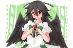  1girl alternate_costume black_hair blush bow debaa fidgeting hair_bow jewelry long_hair red_eyes reiuji_utsuho ribbon ring smile third_eye touhou wedding_ring wings 