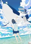  1girl animal backpack bag black_hair blue_sailor_collar blue_skirt blue_sky cloud cloudy_sky commentary_request facing_away flying_whale from_behind highres horizon medium_hair ocean original outstretched_arm pleated_skirt road_sign sailor_collar scenery school_uniform serafuku seraphitalg shirt sign skirt sky soaking_feet solo standing translation_request water whale white_shirt 