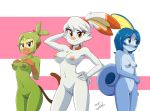  3girls absurdres belly blue_eyes breasts creatures_(company) eyebrows game_freak gen_8_pokemon grookey highres jeglegator monkey multiple_girls nintendo nude orange_eyes pokemon pokemon_(creature) pokemon_swsh pussy rabbit scorbunny smile sobble stomach tail 