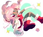  1girl 2018 ;) aqua_eyes boots breasts candy candy_cane capelet christmas dark_skin dated dress elbow_gloves food fur-trimmed_boots fur-trimmed_capelet fur-trimmed_dress fur-trimmed_hat fur_trim furrowed_eyebrows gift gloves grin heart highres holding holding_sack horizontal_pupils iida_(splatoon) knees_together_feet_apart long_hair medium_breasts merry_christmas mole mole_under_mouth octarian one_eye_closed pink_hair pink_pupils red_capelet red_dress red_footwear sack santa_costume sizu smile solo splatoon splatoon_(series) splatoon_2 strapless strapless_dress suction_cups teeth tentacle_hair white_gloves 