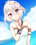  1girl 1o_(ichio) breasts cloud collarbone commentary_request flower hair_flower hair_ornament highres kokkoro_(princess_connect!) looking_at_viewer ocean pointy_ears portrait princess_connect! princess_connect!_re:dive purple_eyes short_hair sky small_breasts smile solo swimsuit 