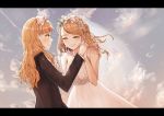  2girls af_(user_hcyy5587) bangs blonde_hair bow bridal_veil bride dress eyes_closed flower gown hair_bow hand_holding highres incest jessica_(jinrou_judgment) jewelry jinrou_judgment long_hair multiple_girls necklace open_mouth outdoors sandra_(jinrou_judgment) siblings sisters sky smile strapless strapless_dress tears tuxedo twincest twins veil wedding_dress white_dress wife_and_wife 