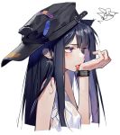  1girl animal_ears bare_shoulders black_hair blush breasts ear_piercing hat highres kentllaall licking long_hair original piercing purple_eyes purple_hair simple_background solo tongue tongue_out watch wet wet_clothes white_background wristwatch 