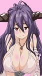  1girl bangs bare_shoulders breasts cleavage commentary_request danua draph dress granblue_fantasy hair_between_eyes highres horns jewelry large_breasts looking_at_viewer mitarashi_o necklace pointy_ears red_eyes upper_body white_dress 