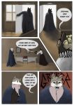  2019 absurd_res angry anthro canid canine canis cape clothed clothing comic dialogue digital_media_(artwork) door duo english_text female fur growling hi_res lheoden male male/female mammal melee_weapon mother mother_and_son parent simple_background son standing story sword table teeth text weapon white_fur window wolf 