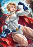  1girl artist_name belt blonde_hair blue_eyes blue_gloves boots breasts cape cleavage cleavage_cutout cloud cloudy_sky dc_comics feet_out_of_frame gloves large_breasts leotard lips looking_at_viewer muscle muscular_female nudtawut_thongmai outdoors parted_lips power_girl short_hair sky smile solo superhero thighs 