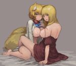  2girls absurdres animal_ears arm_support back bangs bare_arms bare_legs bare_shoulders barefoot between_legs blonde_hair blush breasts brown_eyes chanta_(ayatakaoisii) closed_mouth clothes_lift dress eyebrows_visible_through_hair fox_ears fox_tail from_side full_body hair_between_eyes half-closed_eye hand_up highres large_breasts lifted_by_another light_brown_hair long_hair long_sleeves looking_at_viewer multiple_girls multiple_tails nipples no_bra no_hat no_headwear off_shoulder open_mouth red_eyes short_dress short_hair short_sleeves sitting smile stomach sweat tabard tail touhou wariza yakumo_ran yakumo_yukari yuri 