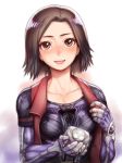  1girl alita:_battle_angel bangs blush brown_eyes brown_hair commentary_request cyborg folks_(nabokof) gally gunnm looking_at_viewer open_clothes open_mouth parted_bangs simple_background smile solo 