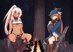  2girls azur_lane blonde_hair bodypaint boots breasts commentary cross-laced_footwear cup dark_skin dog eyebrows_visible_through_hair facepaint fire hat high_ponytail holding holding_cup hunter_(azur_lane) lace-up_boots leather leather_boots long_hair marshall2033 medium_breasts minneapolis_(azur_lane) multiple_girls navel night red_eyes scarf shorts sitting skewer smile snake sparkle spread_legs sweatdrop thigh_strap torpedo_launcher tree trench_coat tricorne underboob white_hair white_shorts 