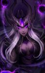  1girl breasts cleavage cleavage_cutout diadem glowing glowing_eyes large_breasts league_of_legends long_hair looking_at_viewer matilda_fiship pale_skin purple_eyes smile syndra tagme white_hair 