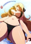  1girl bikini blonde_hair breasts creatures_(company) day eyebrows game_freak highres kinkymation long_hair nintendo open_mouth pokemon shirona_(pokemon) sky smile solo sweat swimsuit very_long_hair 