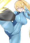  1girl absurdres blonde_hair blue_eyes blush breasts butt_crack covered_navel gluteal_fold highres kicking large_breasts leg_lift long_hair maruya1006 metroid nintendo ponytail reflective_clothing samus_aran sketch sleeve_cuffs solo standing standing_on_one_leg thighs white_background zero_suit 