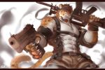  2019 abs anthro biceps clothing digital_media_(artwork) felid fur gun hair hi_res male mammal muscular muscular_male pantherine pecs rabbity ranged_weapon spot weapon 