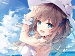  1girl :d arm_up bangs bare_shoulders blue_bow blue_eyes blue_sky blush bow breasts brown_hair cloud cloudy_sky commentary_request day dress eyebrows_visible_through_hair fingernails hair_between_eyes hair_bow hand_up hat horizon long_hair looking_at_viewer looking_to_the_side medium_breasts mochizuki_shiina ocean one_side_up open_mouth original outdoors sky sleeveless sleeveless_dress smile solo sun_hat sundress water white_dress white_hat wrist_cuffs 