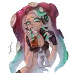  1girl aqua_eyes aqua_hair aqua_skin bendy_straw black_gloves breasts cleavage cup dark_skin drinking drinking_straw fingerless_gloves furrowed_eyebrows gloves gradient_hair hands_up headphones holding holding_cup horizontal_pupils ice ice_cube iida_(splatoon) long_hair medium_breasts mole mole_under_mouth multicolored multicolored_hair multicolored_skin navel_piercing octarian piercing pink_hair pink_pupils simple_background sizu solo splatoon splatoon_(series) splatoon_2 suction_cups tentacle_hair two-tone_hair two-tone_skin upper_body white_background zipper zipper_pull_tab 