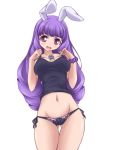  1girl adjusting_strap animal_ears bangs black_panties black_shirt blunt_bangs bow bow_panties breasts bunny_ears camisole chuchu_(show_by_rock!!) cowboy_shot diamond-shaped_pupils eyebrows_visible_through_hair gluteal_fold groin head_tilt kikuchi_tsutomu light_blush long_hair looking_at_viewer midriff navel open_mouth panties purple_eyes purple_hair shirt show_by_rock!! side-tie_panties simple_background skull_necklace smile solo standing symbol-shaped_pupils thigh_gap thighs underwear underwear_only v-shaped_eyebrows white_background wristband 