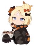  abigail_williams_(fate/grand_order) bandaid_on_forehead black_bow black_jacket blonde_hair blowing blowing_on_food blue_eyes blush bow commentary crossed_bandaids fate/grand_order fate_(series) food hair_bun heroic_spirit_traveling_outfit jacket long_sleeves multiple_hair_bows no_symbol open_mouth orange_bow polka_dot polka_dot_bow seu_9(banya) short_hair simple_background skewer sleeves_past_wrists takoyaki upper_body white_background 