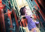  1girl arawara brown_eyes brown_hair cape cape_removed city cityscape eyewear_removed glasses hat highres lantern low_twintails over-kneehighs puffy_sleeves school_uniform skirt smile thighhighs torii touhou twintails usami_sumireko 
