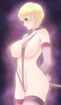  1girl areolae arms_behind_back blonde_hair blue_eyes blush bob_cut breasts choker elbow_gloves gloves kuroda_akimi large_breasts navel original short_hair slingshot_swimsuit solo swimsuit thighhighs 