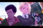  1boy 1girl ;) afro arm_around_shoulder asymmetrical_hair black_hair blonde_hair blue_eyes bonryuu breasts brown_eyes commentary_request copyright_name dark_skin eyebrow_piercing gwen_stacy hair_over_one_eye highres hood hoodie marvel medium_breasts miles_morales necktie nike nose one_eye_closed piercing school_uniform smile spider-gwen spider-man:_into_the_spider-verse spider-man_(series) undercut very_dark_skin 